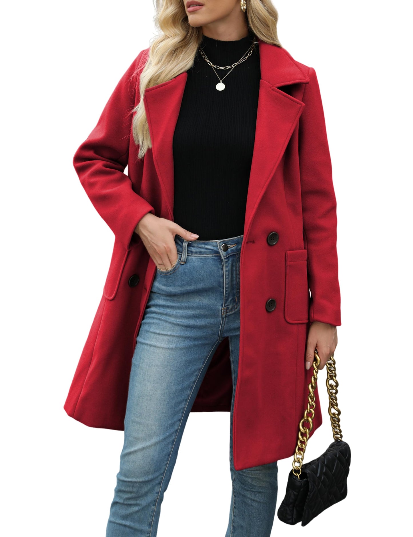 Hot Sale-Women Classic Lapel Double Breasted Mid-Length Overcoat Casual Fall Winter