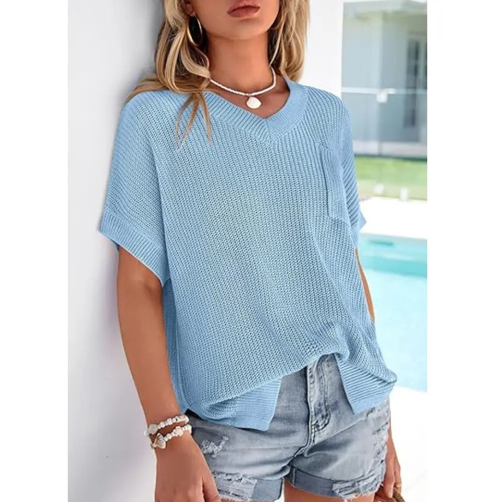 Women Loose V Neck Pocket Short Sleeve Knit Top