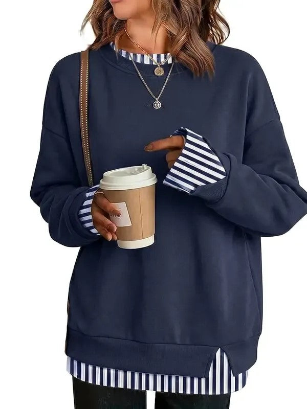 Women's Fake Two Piece Layered Crewneck Sweatshirt