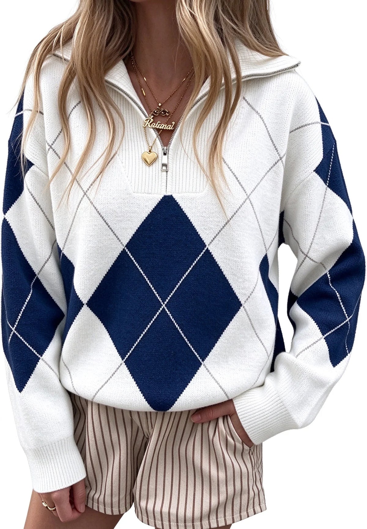 Womens Quarter Zip Argyle Pullover Long Sleeve Top