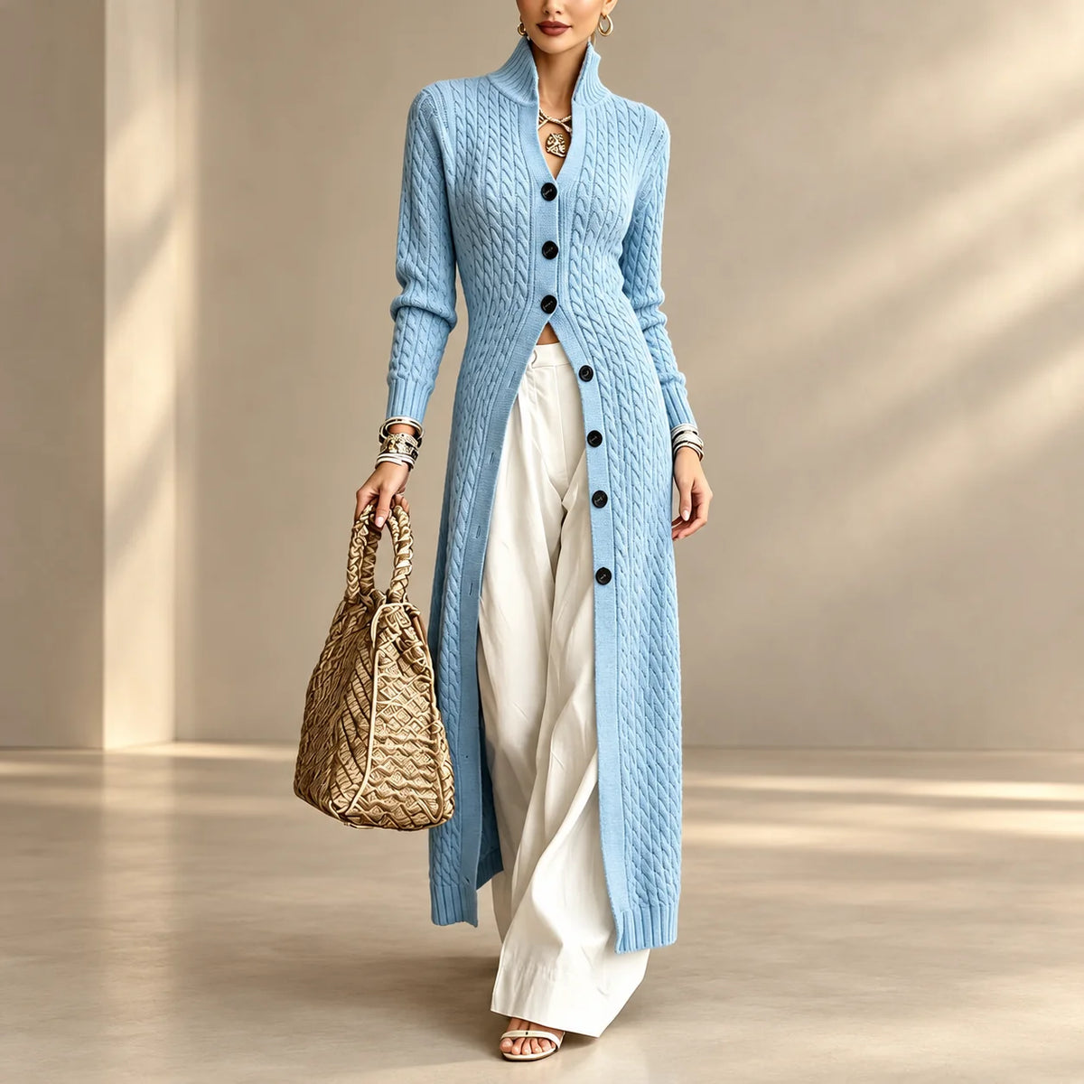 Limited time sale🔥Women's Stand Collar Single Button Cable Knit Long Cardigan