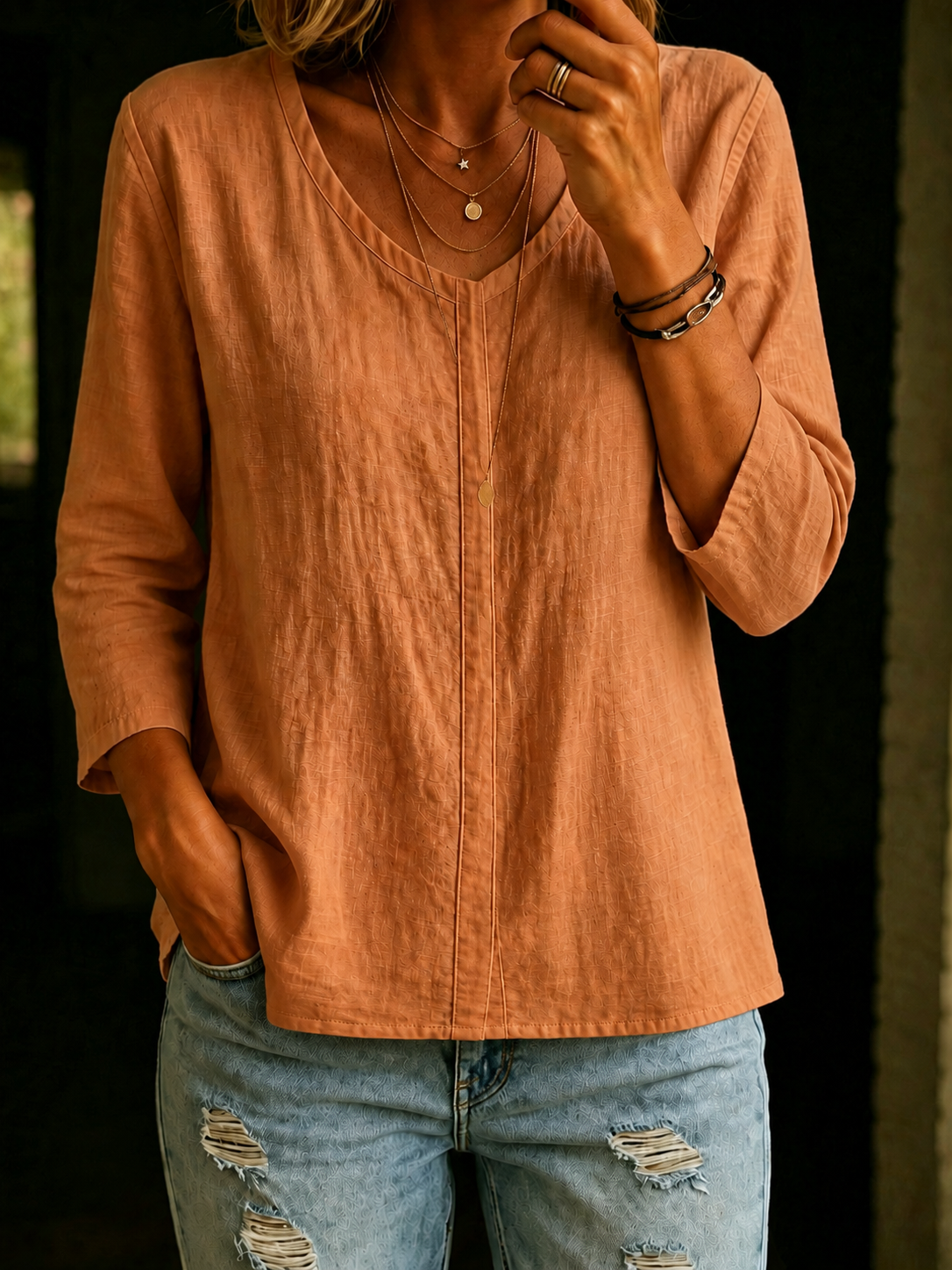 Women's 100% Cotton Split Neck 3/4 Sleeve Shirt