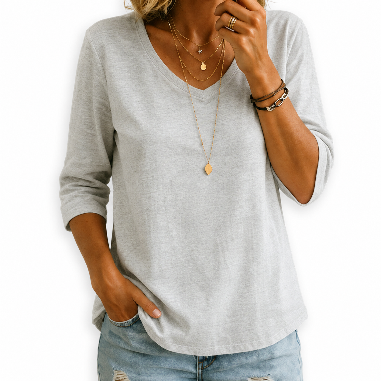 Women's 100% Cotton V Neck 3/4 Sleeve Shirt