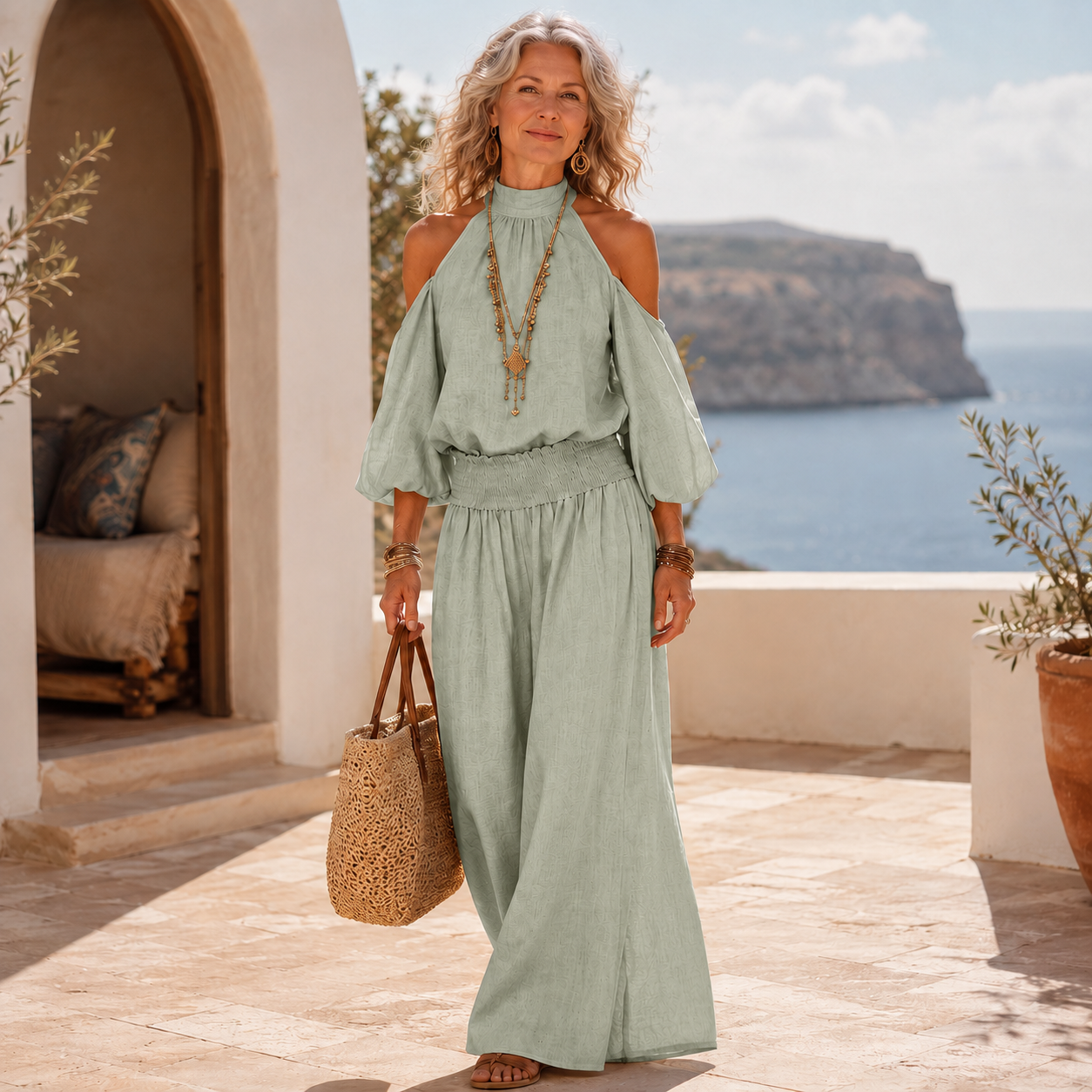 π©΅ Halter Cold-Shoulder Two-Piece Vacation Set