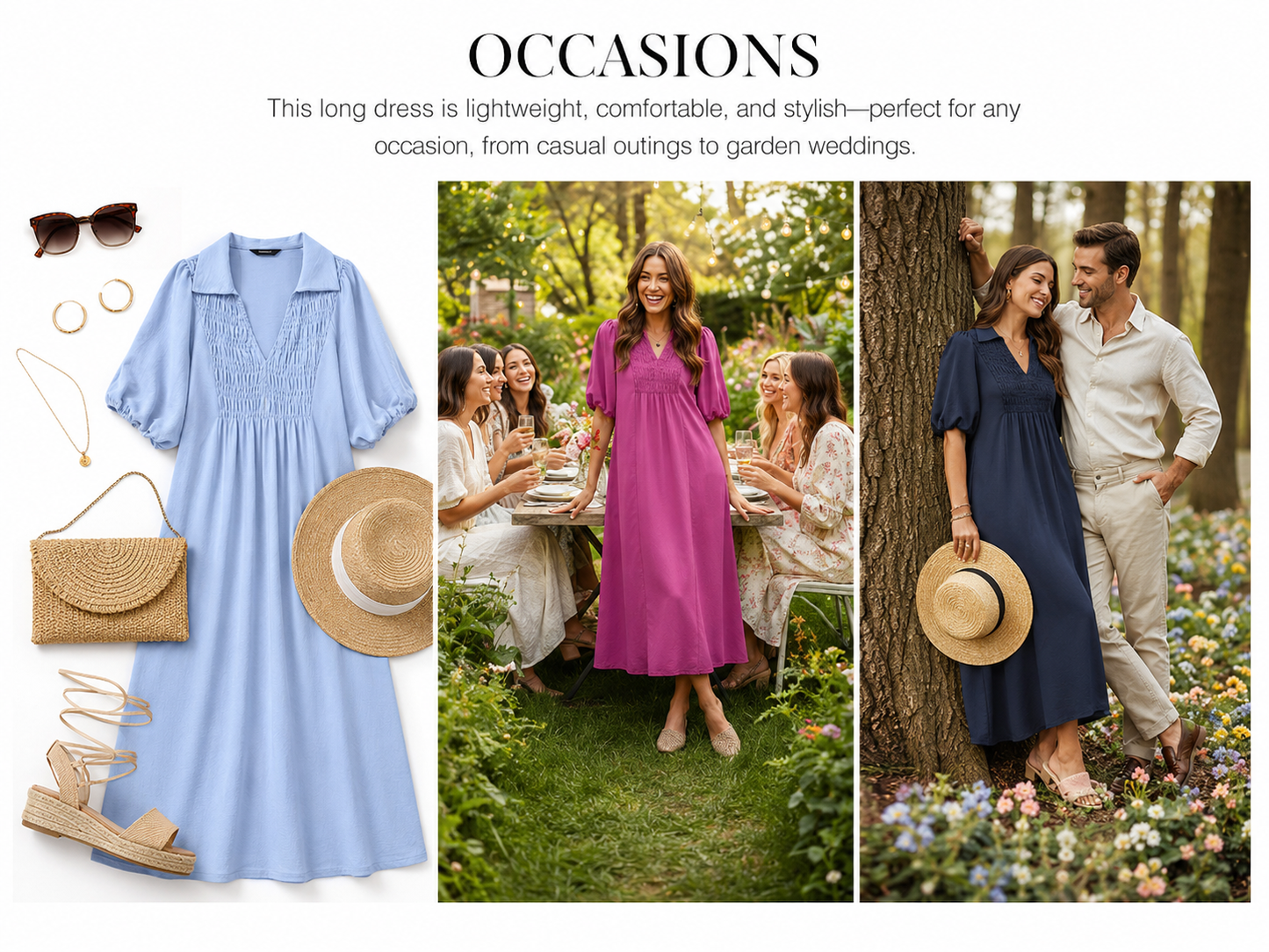 Women 2026 Casual Dresses V Neck Puff Sleeve Empire Waist A-Line Maxi Dress