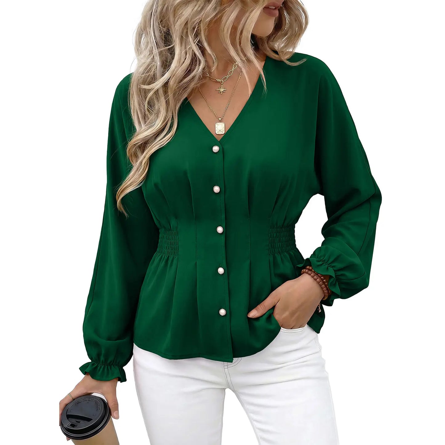 Women V Neck Smocked Waist Button Down Long Sleeve Blouse