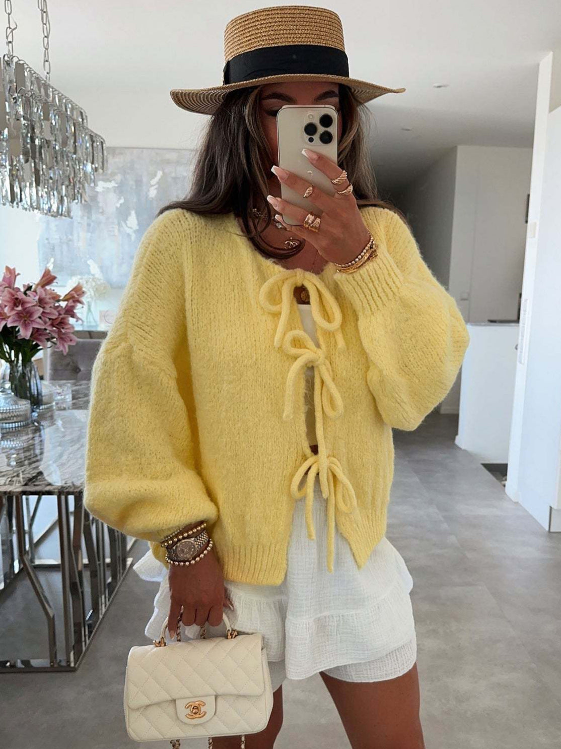 ✨✨Women's Tie Front Bow Cardigan Sweaters Chunky Knit Long Puff Sleeve Trendy Fall Winter Jacket Coats