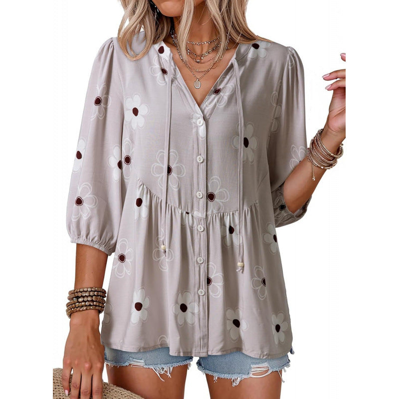 Women's Boho Floral V-Neck Button-Down Peplum Blouse