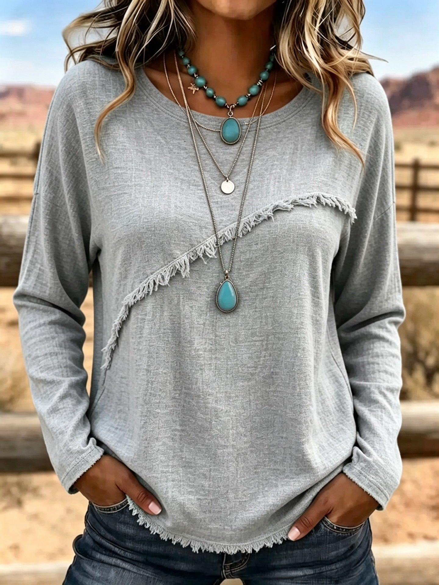 Women Soft Cotton Vintage Fringe Blouse Round Neck Loose Fit Boho Casual Top