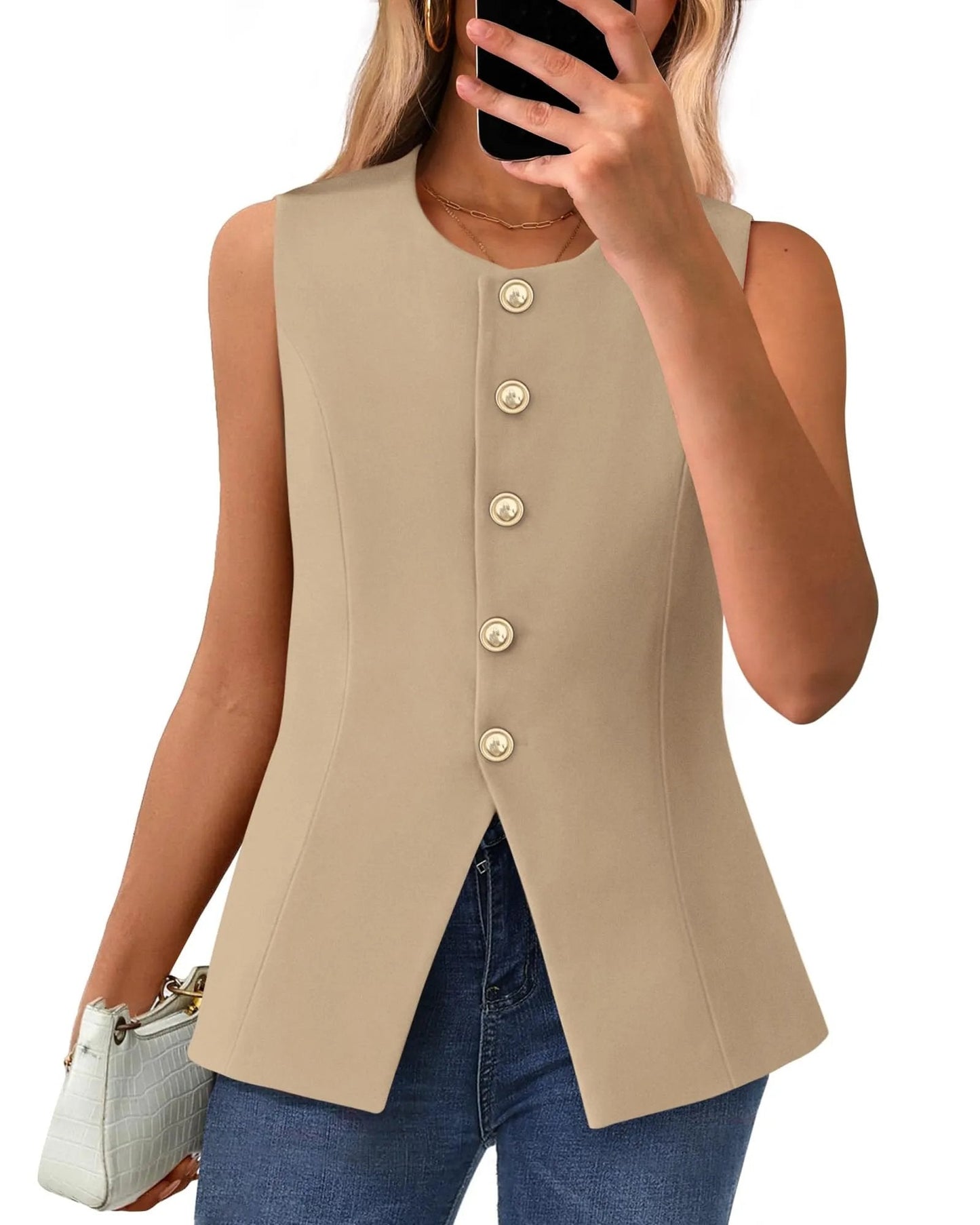 Women's Dressy Button Down Round Neck Sleeveless Blazer Vest