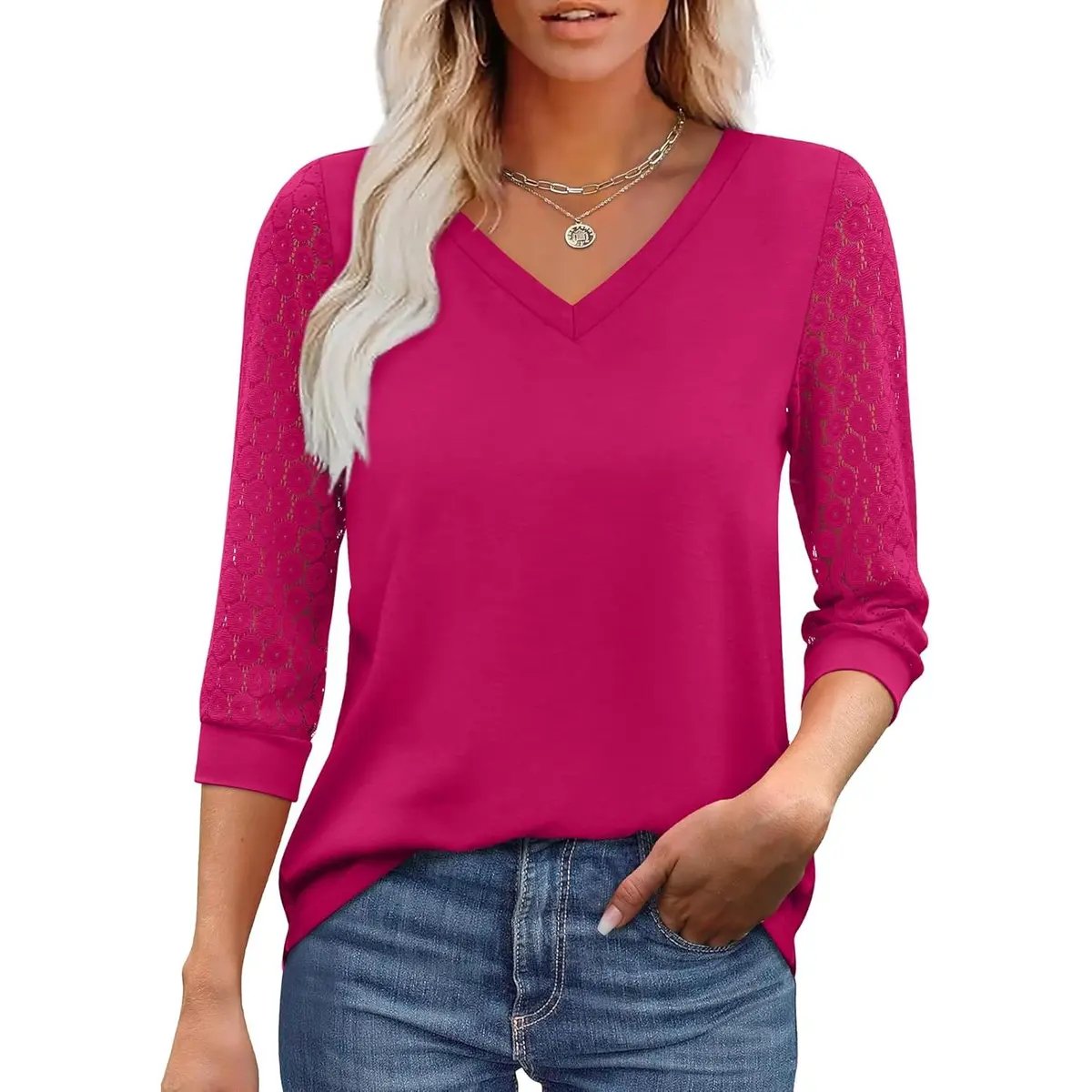 🌞2026 New Womens 3/4 Length Sleeve Tops Trendy V Neck T Shirts