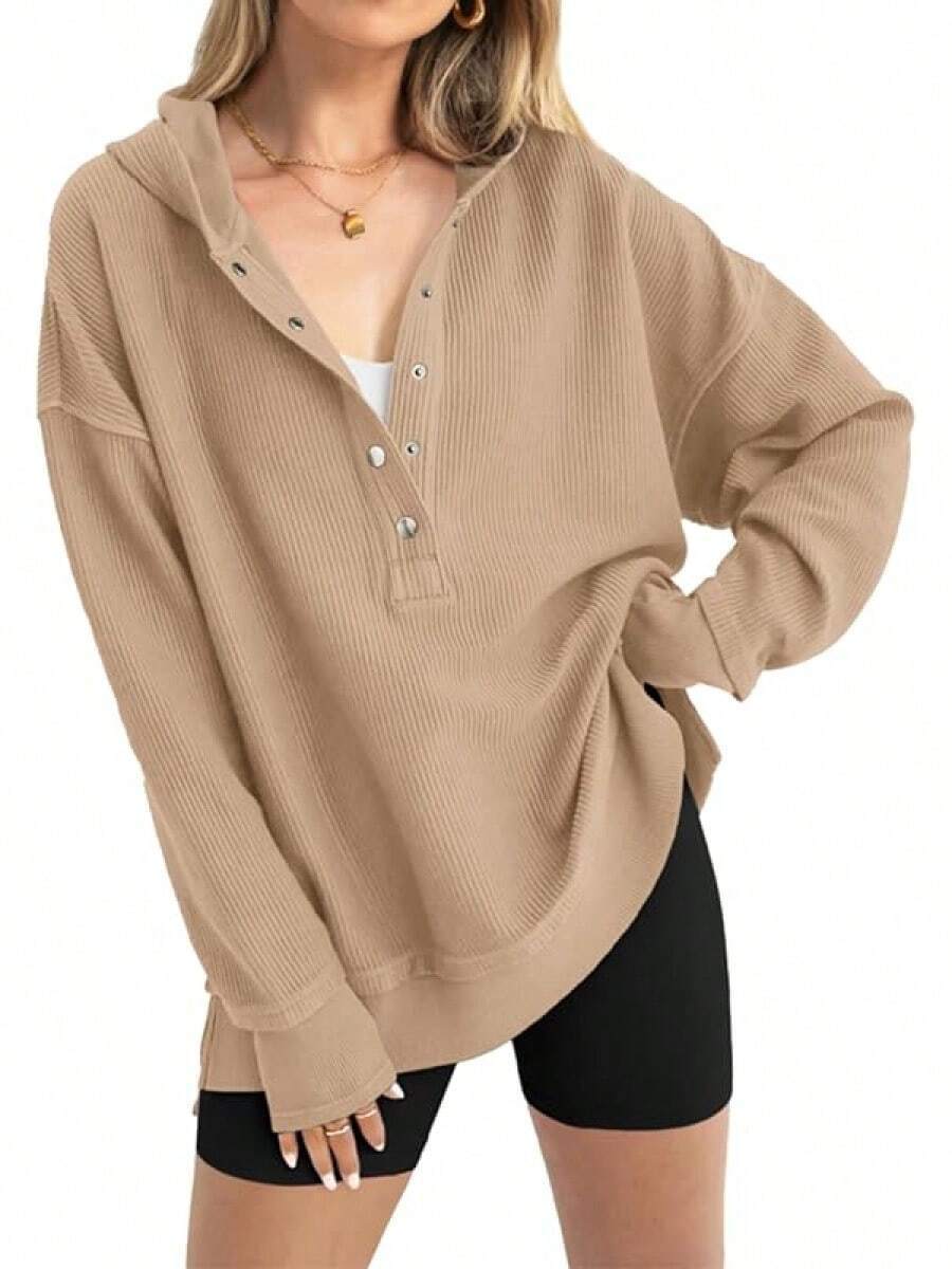 Flash Sale💥Women's Cozy Oversized Long Sleeve Henley Hoodie