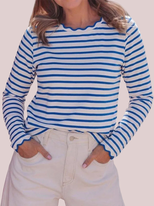 Women's Scallop Trim Striped Long Sleeve Top