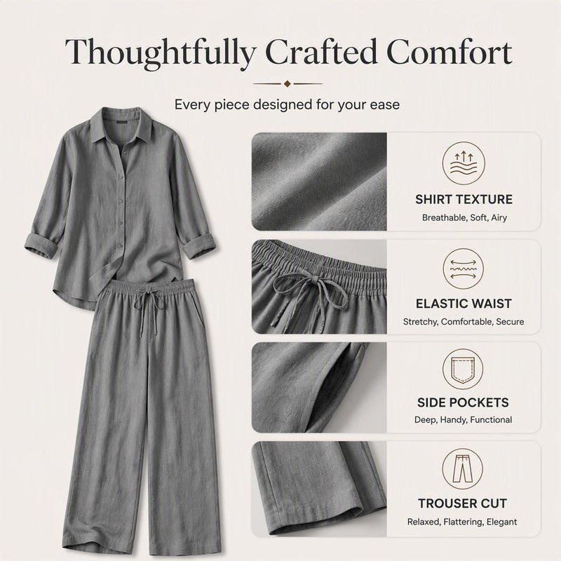 ✨Women's Casual Cotton Linen Shirt & Wide-Leg Pants Set