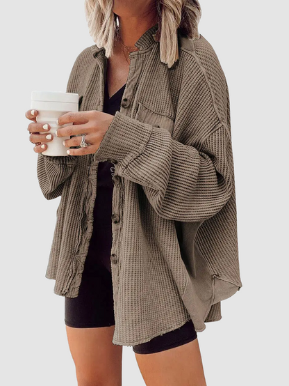 Women's Loose Fit Batwing Sleeve Waffle Knit Button Down Shacket Top