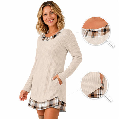 Fashion Fall Dresses for Women 2026 Long Sleeve Sweater Dress Color Block | Side Pockets, Ribbed, Lightweight, Winter Clothing, Loose Fit