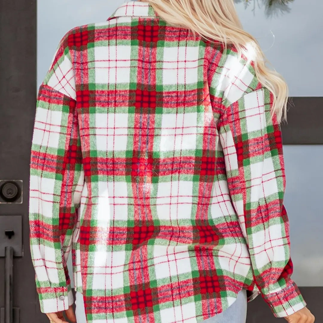 Back view of red green and white plaid shacket