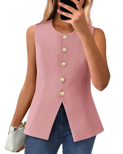 Women's Dressy Button Down Round Neck Sleeveless Blazer Vest