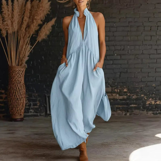 2026 Minimalist Halter Neck Maxi Dress | Casual Loose Fit Summer Dress with Pockets for Women