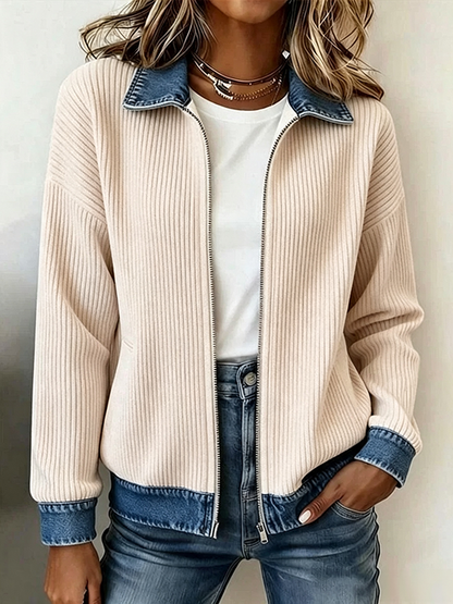 CLEARANCE SALE🔥Women's Casual Ribbed Knit Zip-Up Jacket with Contrast Denim Details