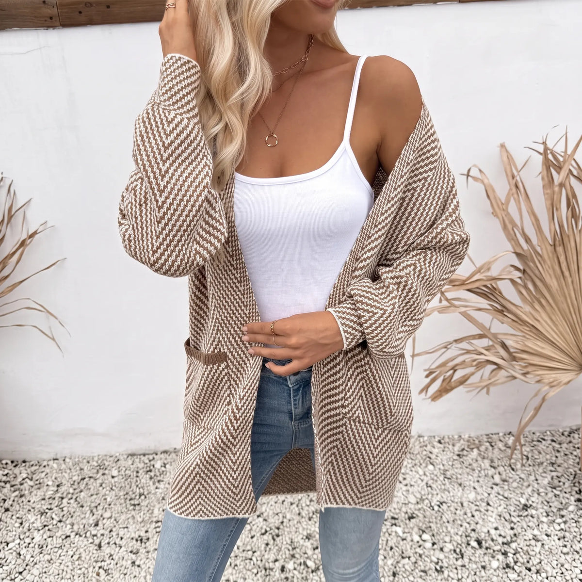 Women's Open Front Herringbone Cardigan Sweaters