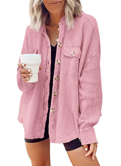 Women's Loose Fit Batwing Sleeve Waffle Knit Button Down Shacket Top