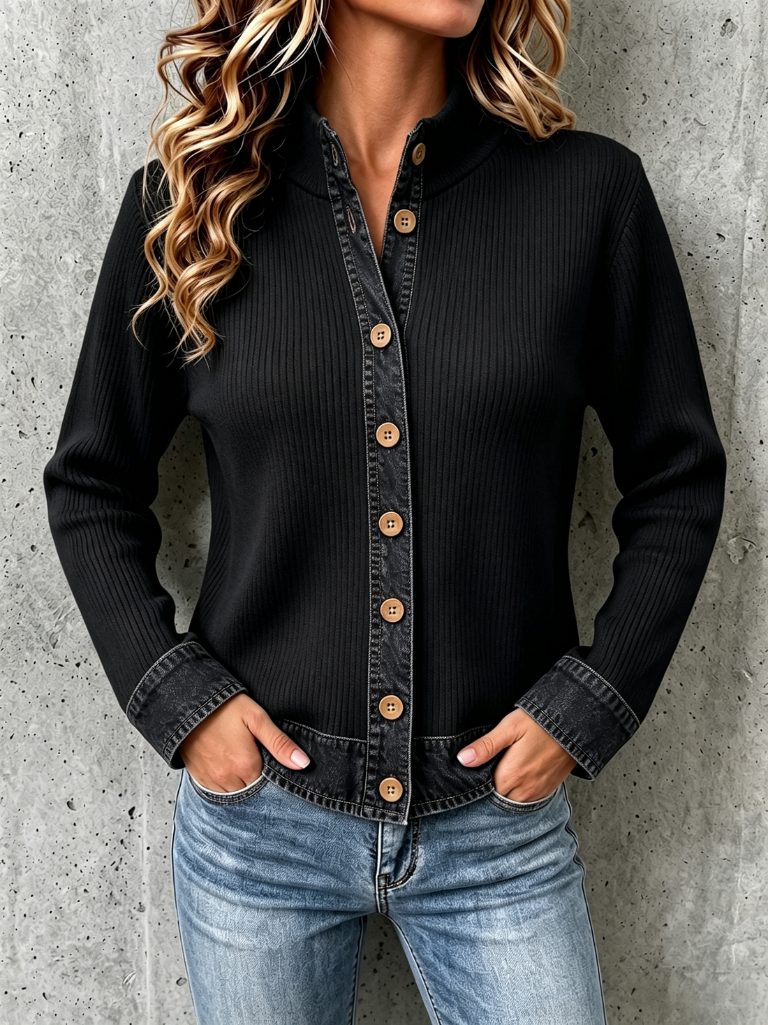 Black denim paneled knit cardigan