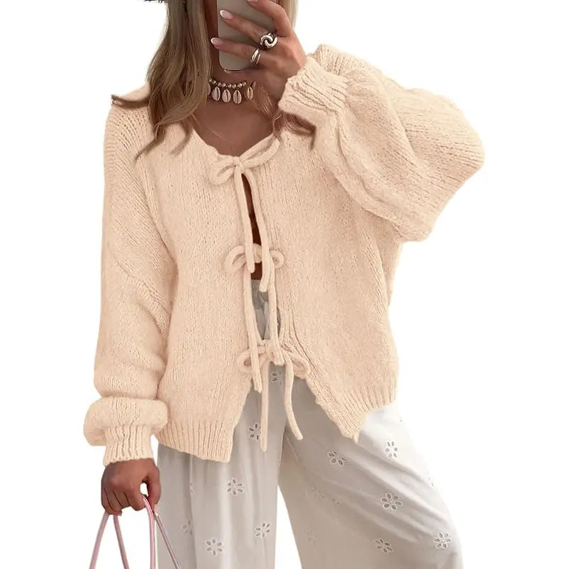 ✨✨Women's Tie Front Bow Cardigan Sweaters Chunky Knit Long Puff Sleeve Trendy Fall Winter Jacket Coats