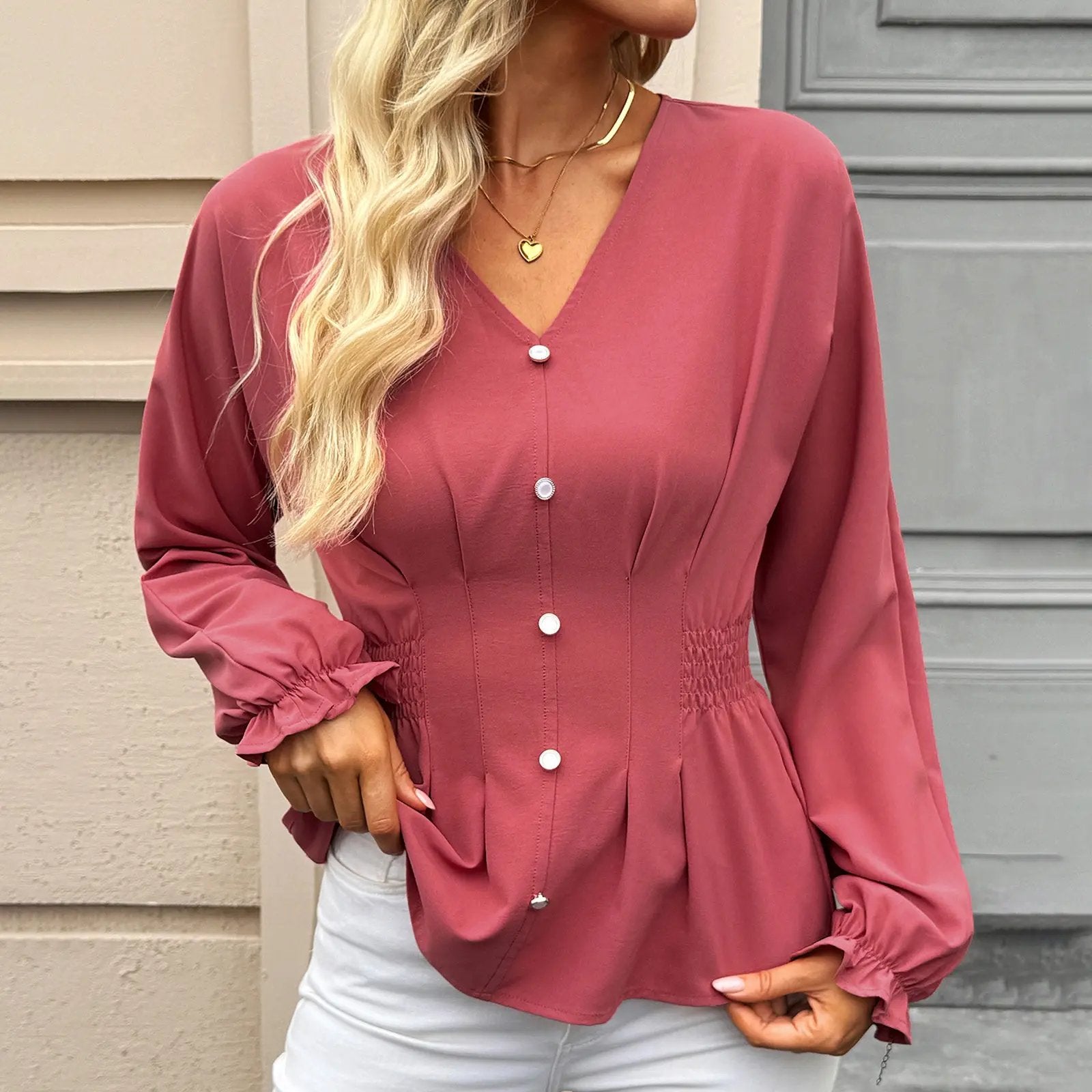 Women's Fitted V Neck Tops Button Long Sleeve Solid Color Blouse 2026 Womenswear Deals For You Days summer outfits,back to school,back to school shopping