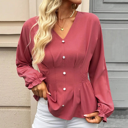 Women's Fitted V Neck Tops Button Long Sleeve Solid Color Blouse 2026 Womenswear Deals For You Days summer outfits,back to school,back to school shopping