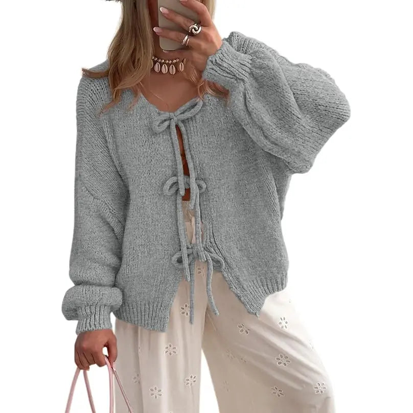 ✨✨Women's Tie Front Bow Cardigan Sweaters Chunky Knit Long Puff Sleeve Trendy Fall Winter Jacket Coats