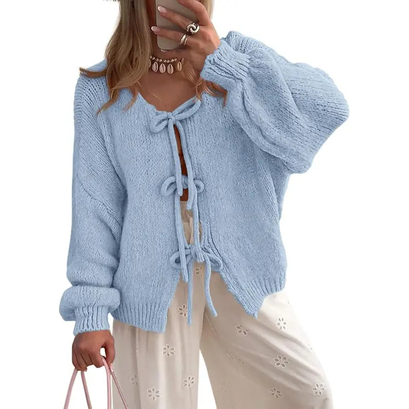 ✨✨Women's Tie Front Bow Cardigan Sweaters Chunky Knit Long Puff Sleeve Trendy Fall Winter Jacket Coats