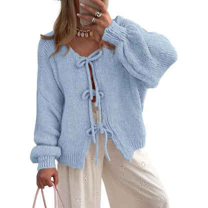 ✨✨Women's Tie Front Bow Cardigan Sweaters Chunky Knit Long Puff Sleeve Trendy Fall Winter Jacket Coats