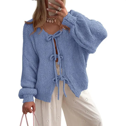 ✨✨Women's Tie Front Bow Cardigan Sweaters Chunky Knit Long Puff Sleeve Trendy Fall Winter Jacket Coats