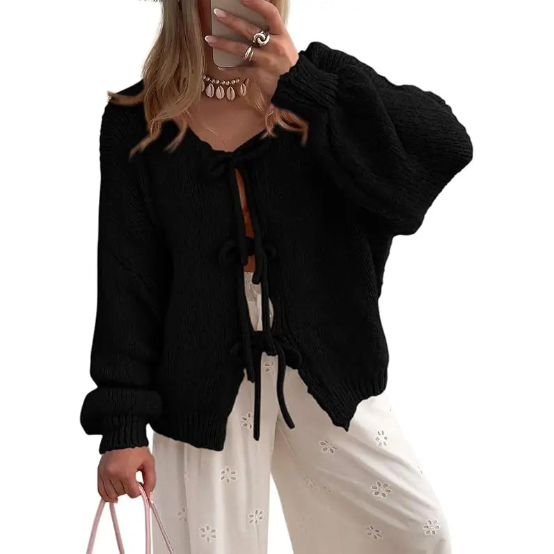✨✨Women's Tie Front Bow Cardigan Sweaters Chunky Knit Long Puff Sleeve Trendy Fall Winter Jacket Coats