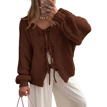 ✨✨Women's Tie Front Bow Cardigan Sweaters Chunky Knit Long Puff Sleeve Trendy Fall Winter Jacket Coats