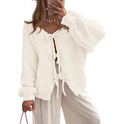 ✨✨Women's Tie Front Bow Cardigan Sweaters Chunky Knit Long Puff Sleeve Trendy Fall Winter Jacket Coats