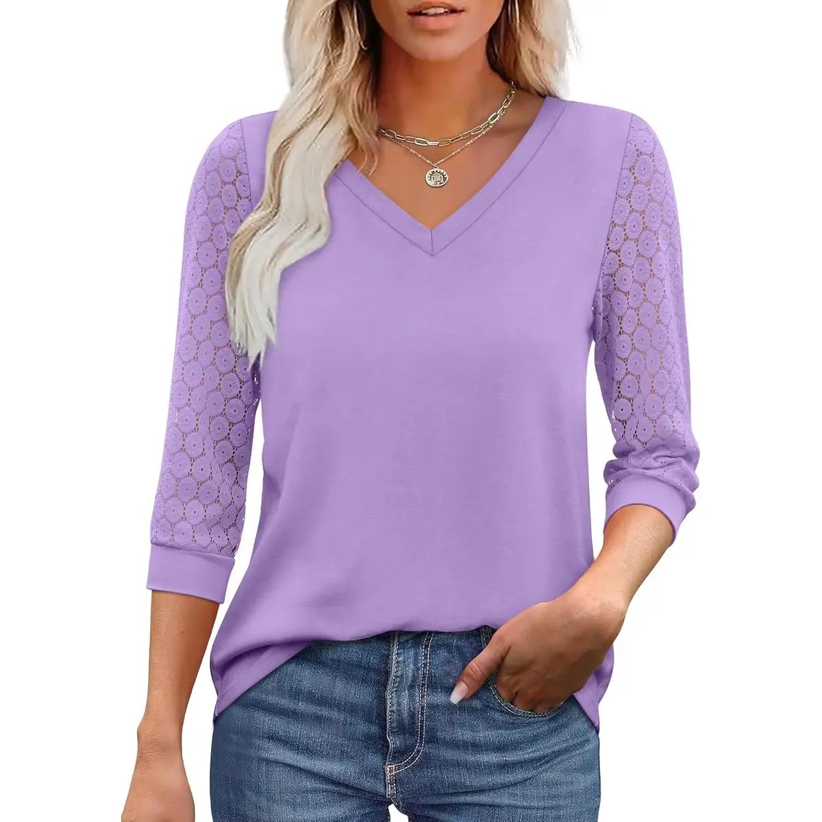 🌞2026 New Womens 3/4 Length Sleeve Tops Trendy V Neck T Shirts