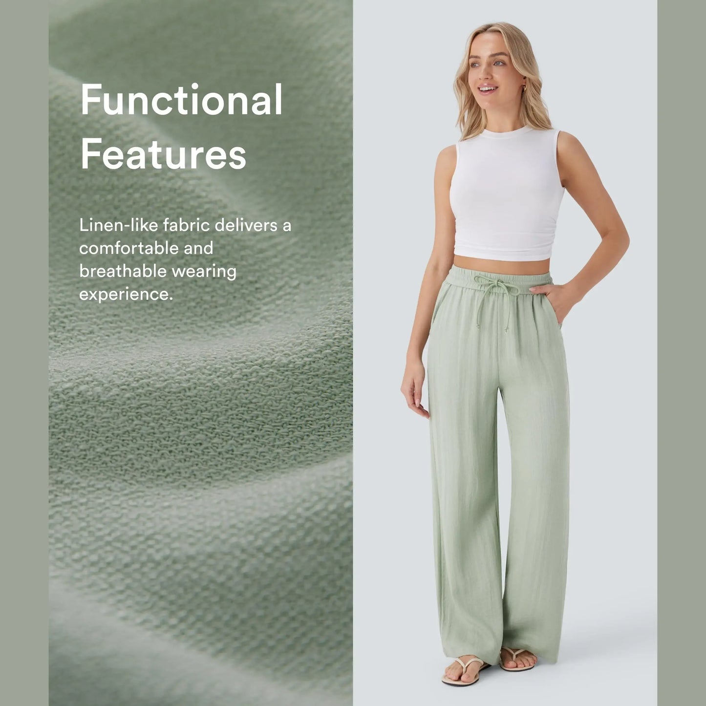 High Waisted Drawstring Pocket Wide Leg Casual Linen-Feel Pants
