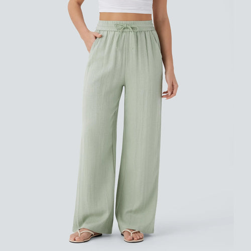 High Waisted Drawstring Pocket Wide Leg Casual Linen-Feel Pants