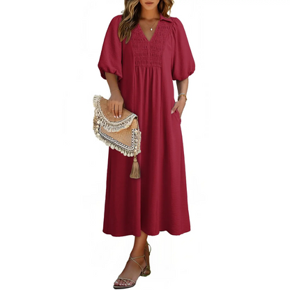 Women 2026 Casual Dresses V Neck Puff Sleeve Empire Waist A-Line Maxi Dress