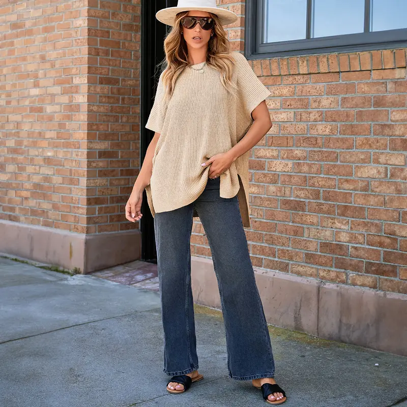 Full outfit with apricot knit pullover and jeans