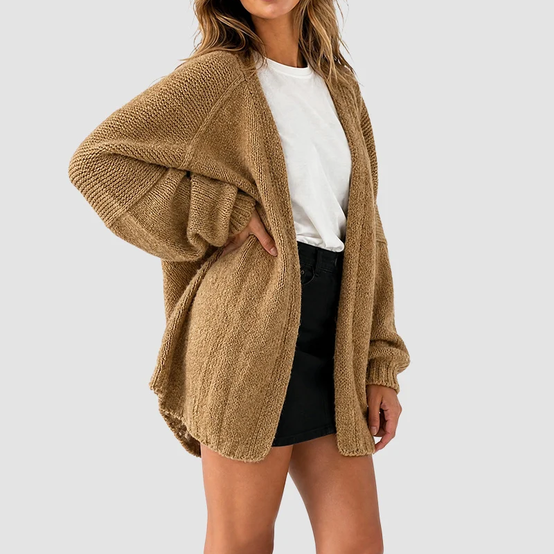 Camel oversized open front cardigan sweater side view