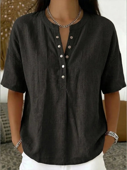New Arrivals🔥Women's Casual Henley Collar Linen And Cotton Short-sleeve Shirt