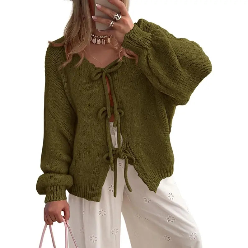 ✨✨Women's Tie Front Bow Cardigan Sweaters Chunky Knit Long Puff Sleeve Trendy Fall Winter Jacket Coats