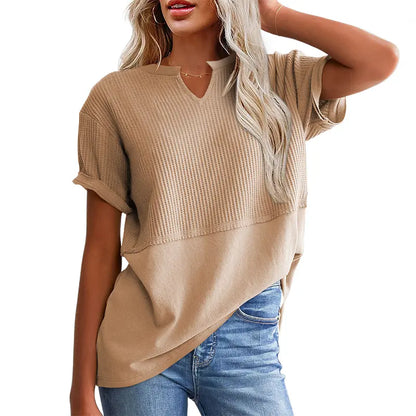 Women's Waffle Knit Casual V-Neck Short Sleeve Loose Fit Shirt