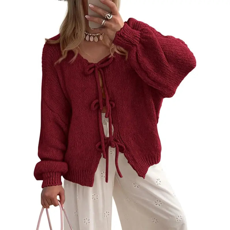 ✨✨Women's Tie Front Bow Cardigan Sweaters Chunky Knit Long Puff Sleeve Trendy Fall Winter Jacket Coats