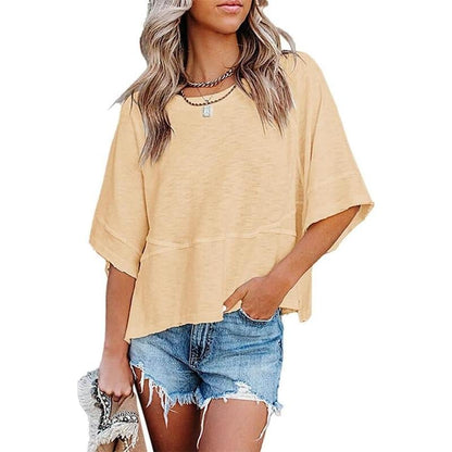 Summer 2026 Best Sellers Women's Summer Casual Crewneck Batwing Half Sleeve T-Shirts Solid Color Loose Fit Cute Basic Flowy Tops Tees Blouses