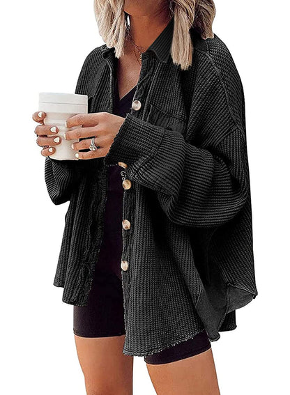 Women's Loose Fit Batwing Sleeve Waffle Knit Button Down Shacket Top