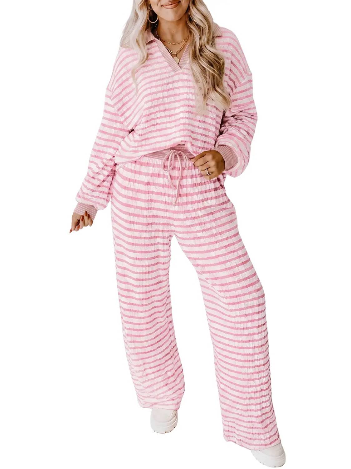 Women's V-Neck Comfortable Striped Two-Piece Loungewear Set